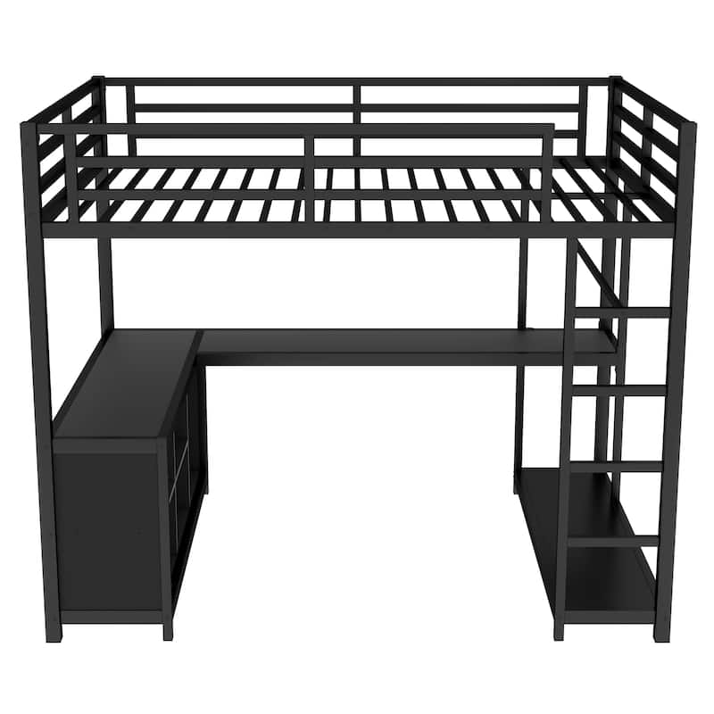 Roomfitters Full Size Metal Loft Bed with Wardrobe & L-Shaped Desk, Storage Cubes & Shelves, Space-Saving Design, Black