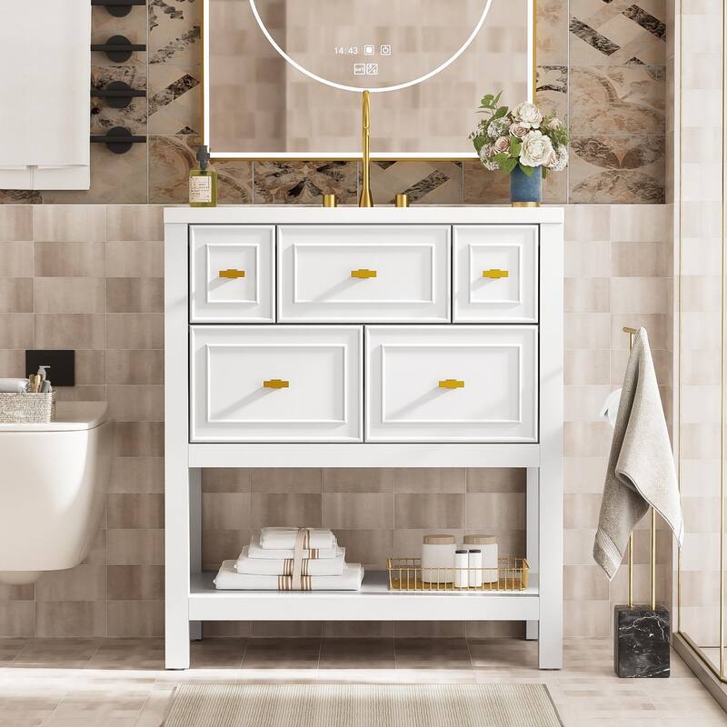 30'' Freestanding Bathroom Vanity with White Integrated Ceramic Sink - 30'' x 18'' x 34'' - Painted - 30'' x 18'' x 34'' - White