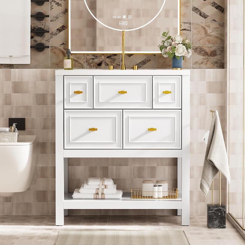Roomfitters 30" Vanity with Ceramic Sink, Solid Wood Cabinet with 5 Drawers, Modern Freestanding Bathroom Storage Unit