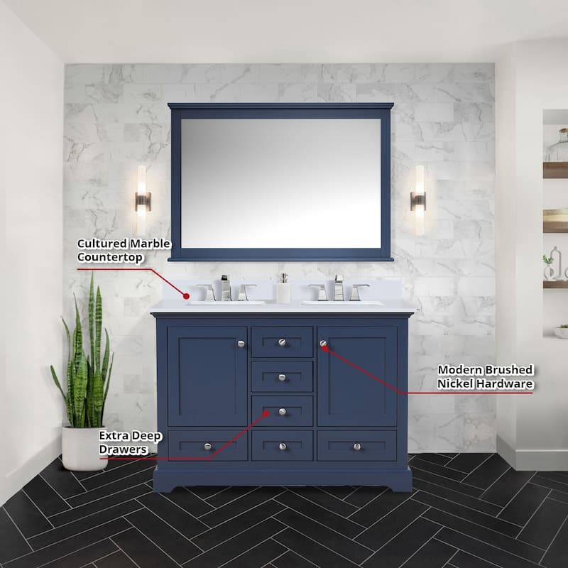 Dukes 48 in. W x 22 in. D Navy Blue Double Bath Vanity, Cultured Marble Top, and 46 in. Mirror