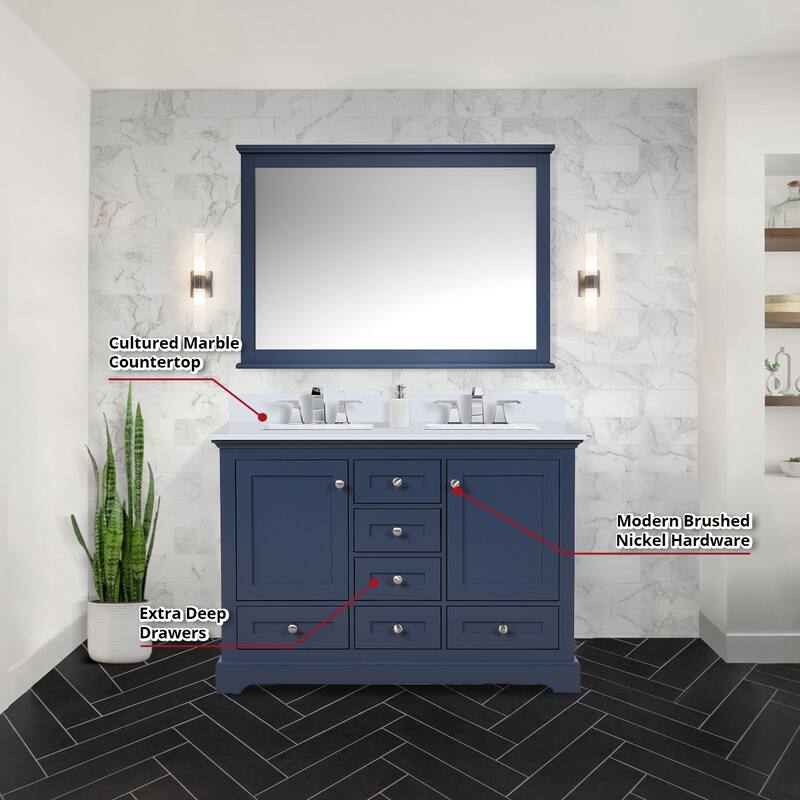 Dukes 48 in. W x 22 in. D White Double Bath Vanity, Cultured Marble Top, Faucet Set, 46 in. Mirror