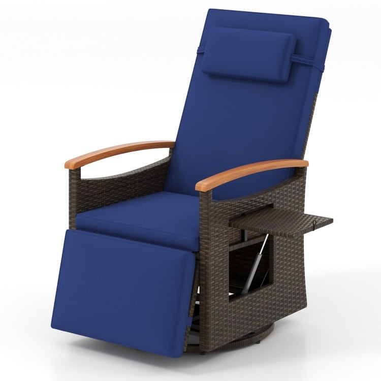 Patio Rattan 360° Swivel Recliner Chair with Adjustable Backrest and Footrest - 31”-54” x 32.5” x 41.5”-31” (L x W x H) - Navy