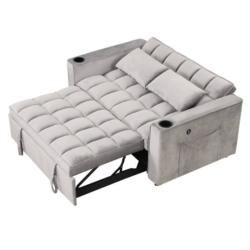 Loveseat Convertible Pull-out Sleeper Sofa Bed Adjustable Backrest Tufted Couch Futon Sofa w2 Pillows, USB Ports Pockets