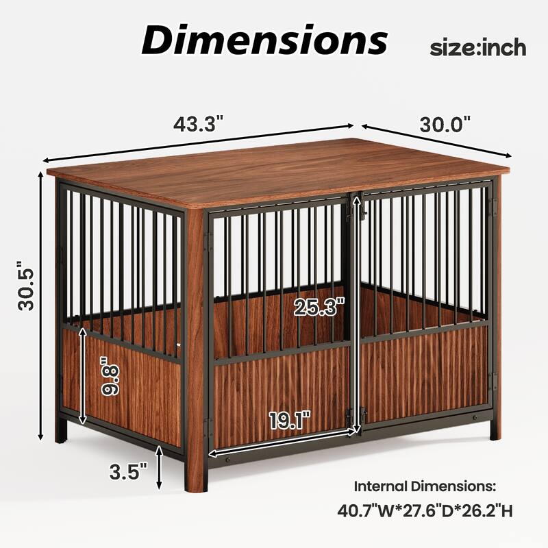 43'' Fluted Wood Dog Crate with 3 Doors, Indoor Decorative Dog Crate End Table, Dog Kennel Cage for Small to Medium Dogs