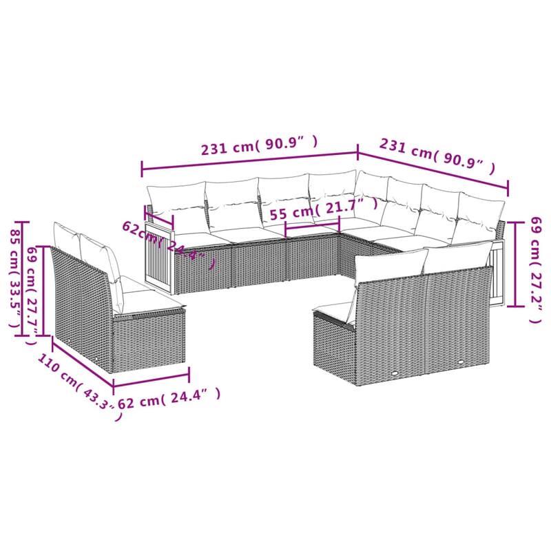 vidaXL 11/12 Piece Patio Sofa Set with Cushions Black/Gray Poly Rattan - 21.7 x 24.4 x 27.2