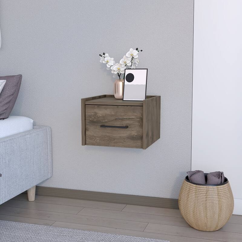 Wall-Mounted Nightstand with Drawer, Dark Brown