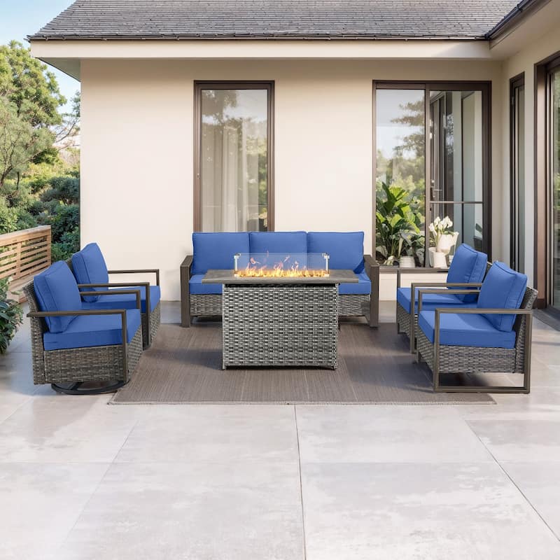 Pocassy Fire Pit Table with Outdoor Sofa Chair Ottoman Set - Grey Wicker Blue Cushion - 6-Piece Sofa Chair with Fire Table