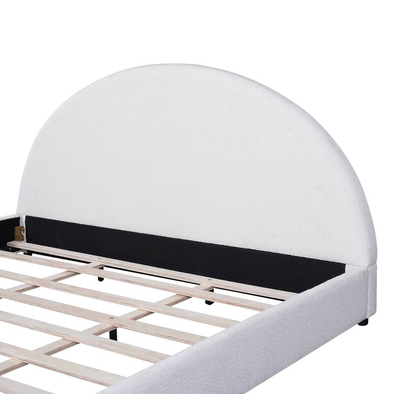 Roomfitters Modern King Bed Frame with Boucle Upholstery and Curved Round Headboard, Bedroom Decor, White
