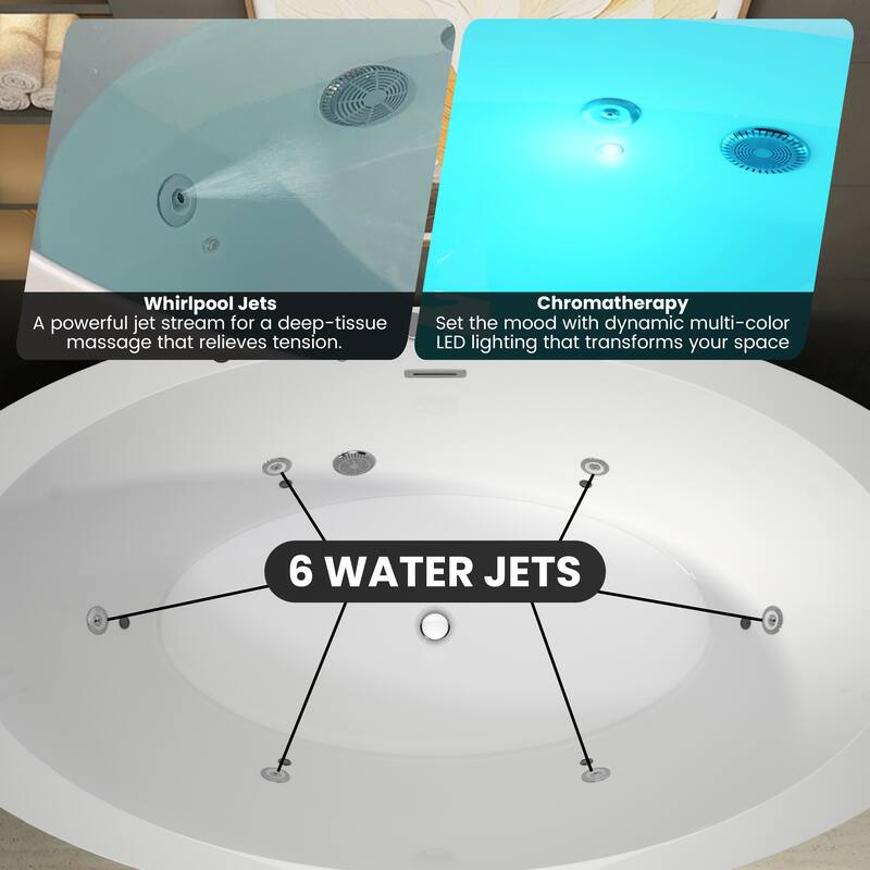 71 in. Freestanding Acrylic Whirlpool Bathtub with 6 Jets, Chromatherapy LED Lighting, 4-Hole Faucet Kit, Center Drain