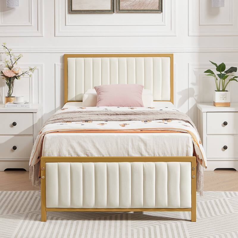 Javlergo Bed Frames with Upholstered Tufted Headboard and Footboard, Heavy Duty Steel Slats Platform, No Box Spring Needed - Beige - Twin