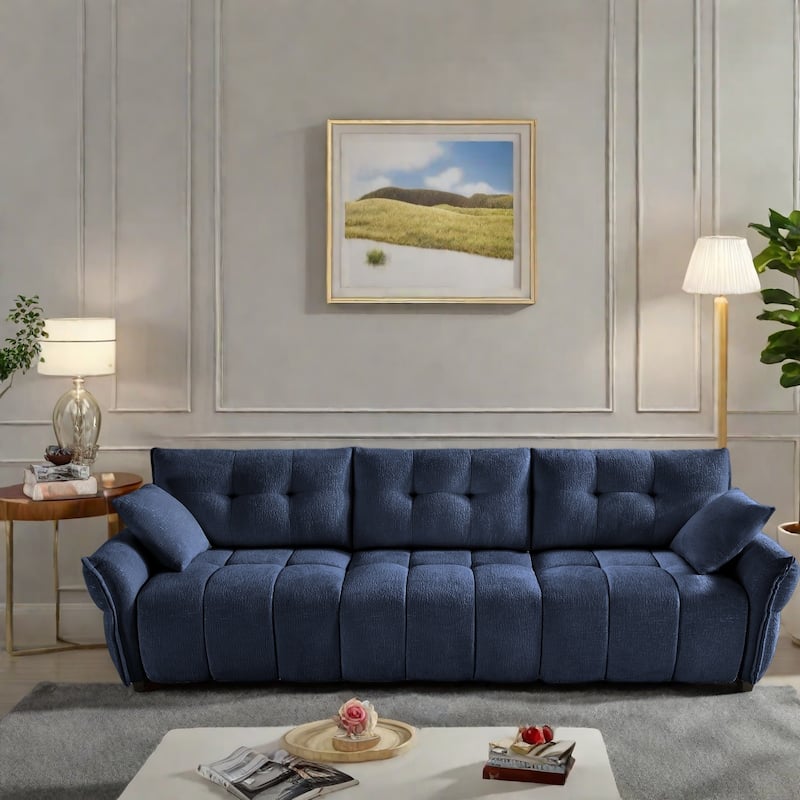 110.2" Chenille 4-Seat Sofa with Tufted Design,High-Resilience Sponge Cushions - Blue