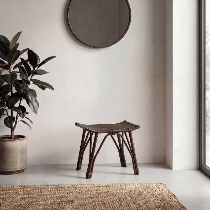 JONATHAN Y Gabriel Modern Bohemian Handcrafted Rattan/Teak Wood Curved Seat Accent Stool