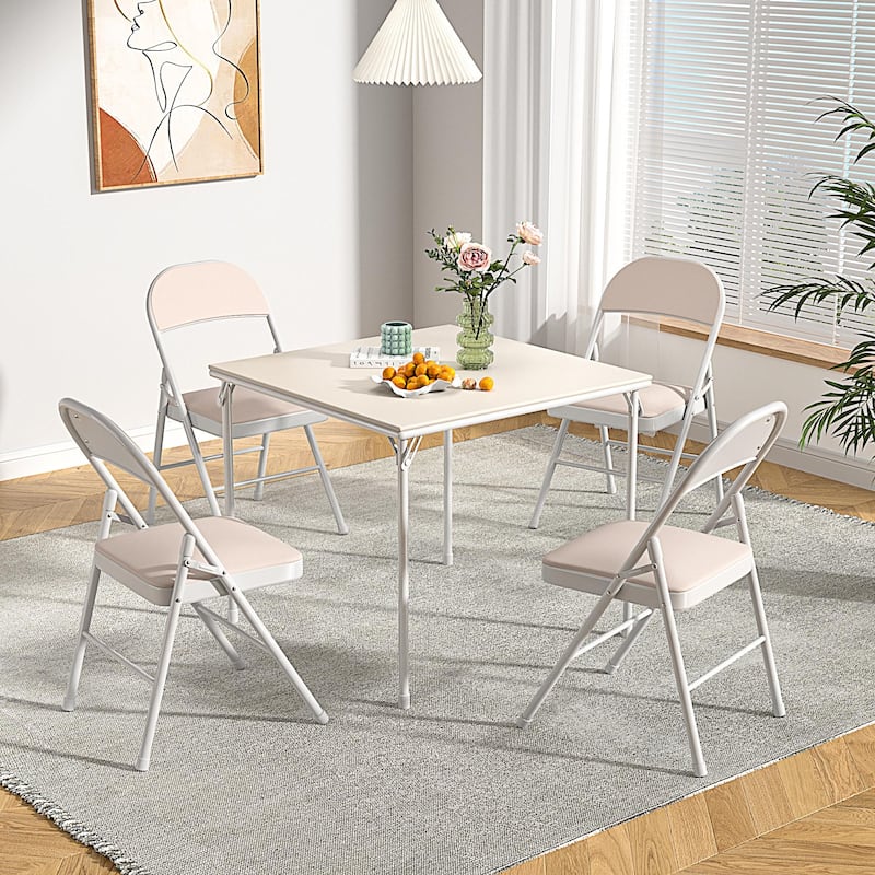 VECELO 5-Piece 1 Table + 4 Folding Chairs Card Game Set 33.8” Square PU Leather Multi-Purpose Table for Indoor Outdoor Use - Off-White