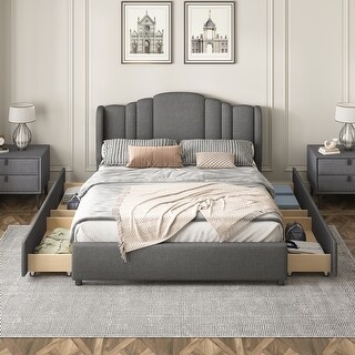 Helen Queen Size Platform Bed - Velvet Upholstered Headboard, Grey, Solid Rubberwood Frame