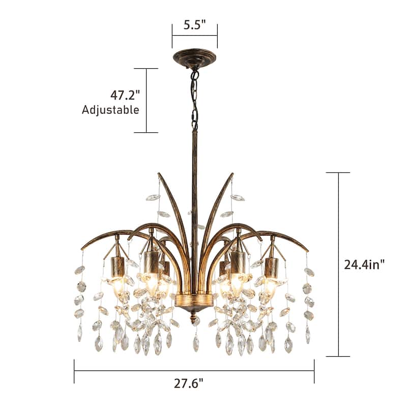 6 - Light Classic/Traditional Bronze Chandelier with Crystal Accents - Antique Bronze - W 27.6"