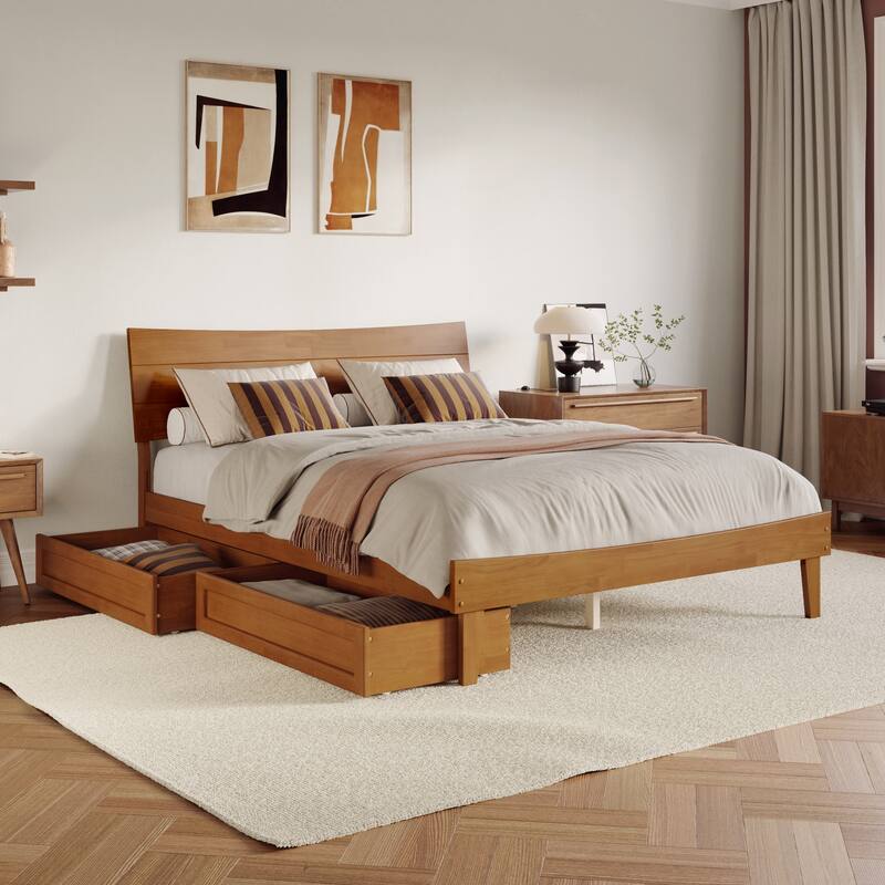 Phoenix Wood Platform Bed with Storage Drawers - Light Toffee - Queen