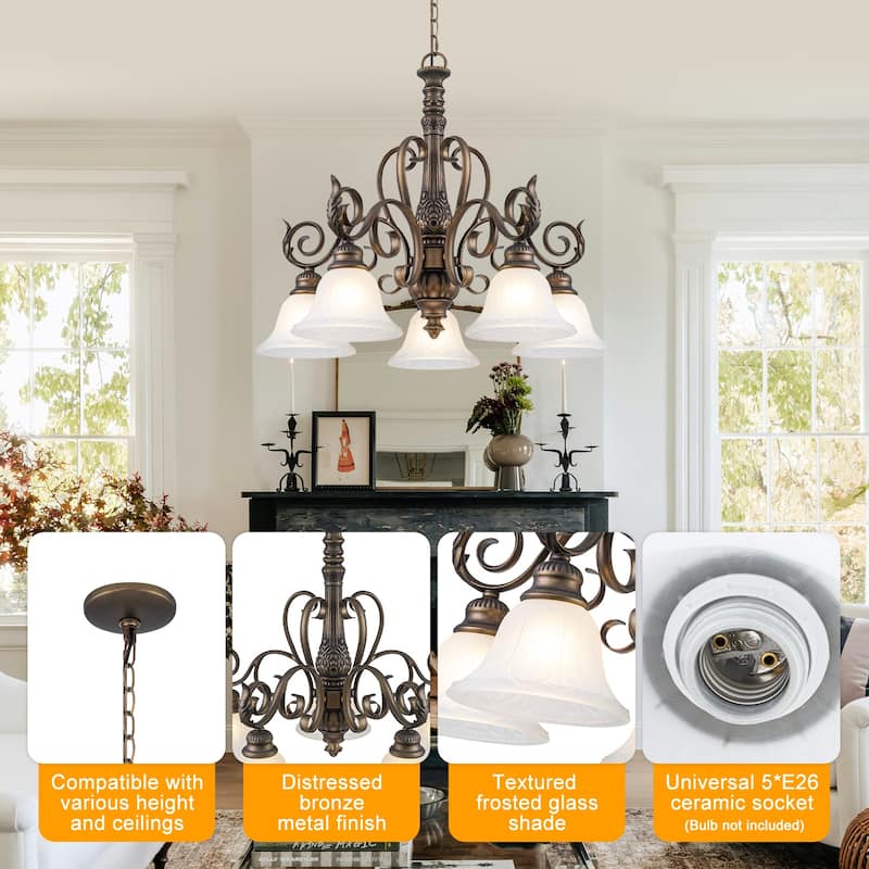 5-Light Oil Rubbed Bronze Chandelier Glass Bell Shades Traditional - Dia.26.81-in
