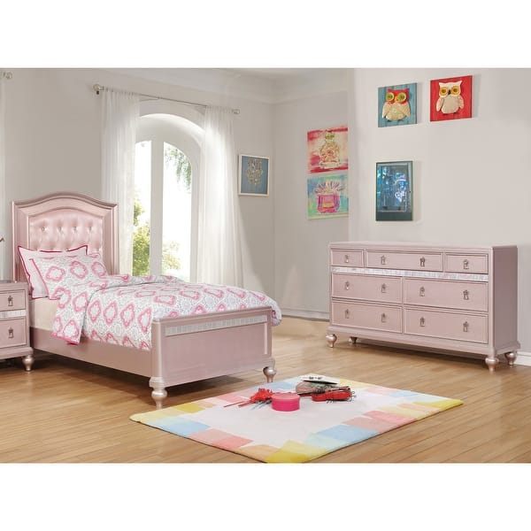 slide 2 of 11, Furniture of America Gibson Modern 2-Piece Rose Gold Faux Leather Tufted Headboard Kids Panel Bed and Dresser Set Twin