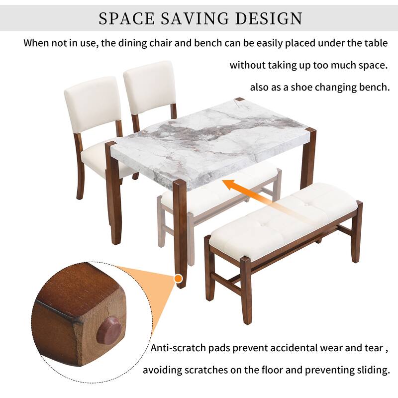 4-Piece Dining Table Set with Faux Marble 46" Table, 2 Upholstered Chairs and Bench for Dining Room or Kitchen