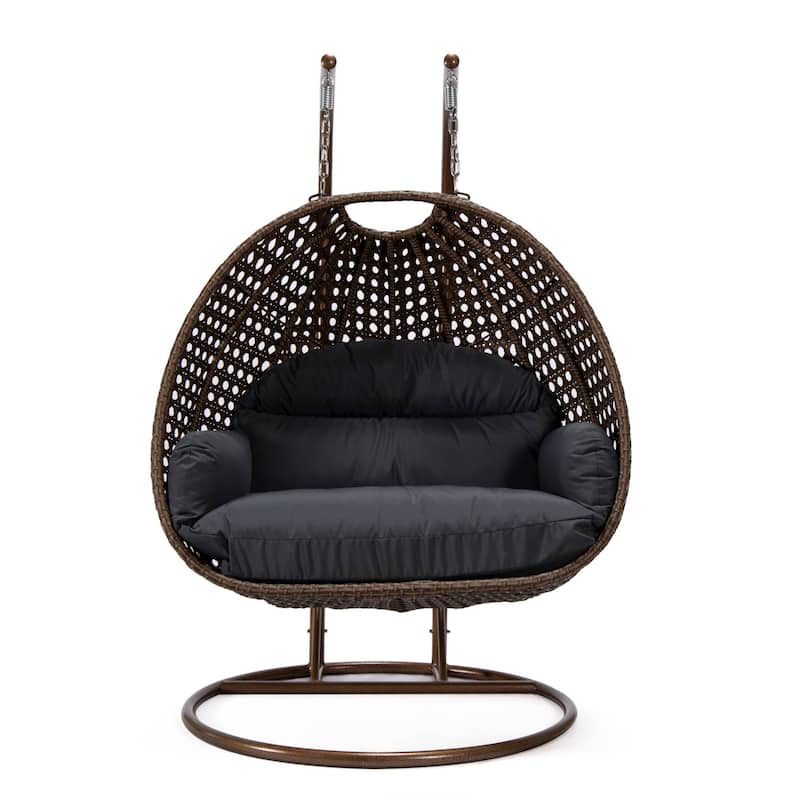LeisureMod Mendoza Dark Brown 2 Seater Wicker Patio Hanging Double Swing Chair for Patio Porch Backyard Garden - 53"