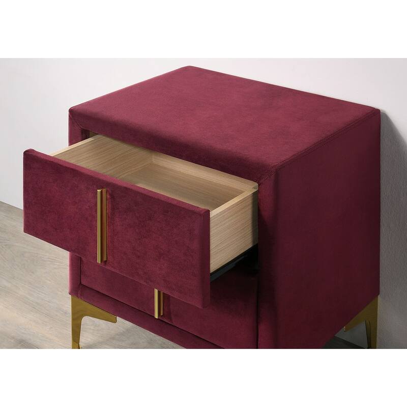 Red And Gold Coated 1pc Nightstand Bar Pull Handle Fully Upholstered Flannelette Classy Bedroom Furniture Bedside Table