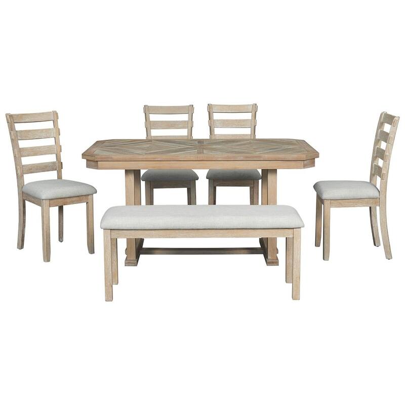 6 PCS Rubber Wood Dining Table Set for 6-Wood Grain Top, Solid Wood Veneer, and Cushioned Seats