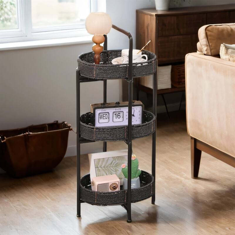 3-Tier Woven Tray Table - Oval Paper Rope Tray Table for Living Room