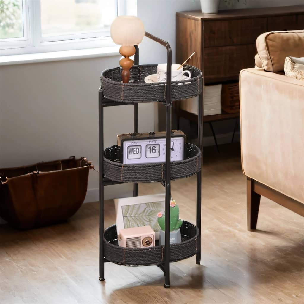 3-Tier Woven Tray Table - Oval Paper Rope Tray Table for Living Room