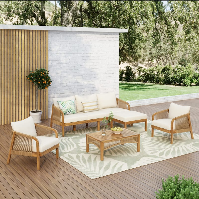 Christopher Knight Home - Rice Acacia Wood and Rattan Patio 5 Piece Chat Set with Cushions and Sofa Ottoman - Brown+Beige