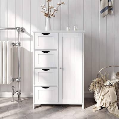 Bathroom Storage Cabinet with 4 Drawers and 1 Door, Wooden Bathroom Storage Cupboard with Adjustable Shelves, White