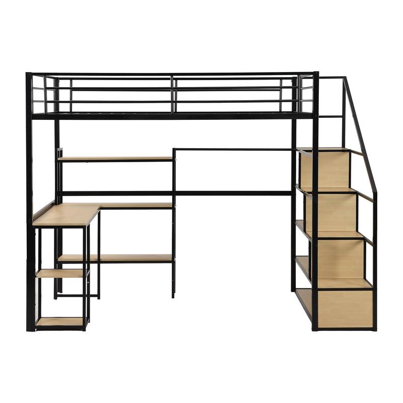 Full Size Metal Loft Bed with Staircase, Built-in Desk, and Shelves in Black