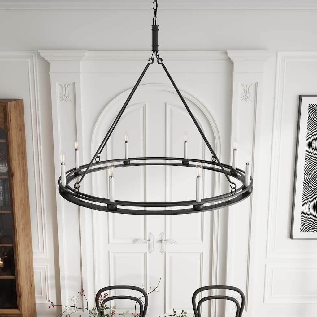 Industrial Black 8-Light Large Round Candle Chandelier for Dining Room