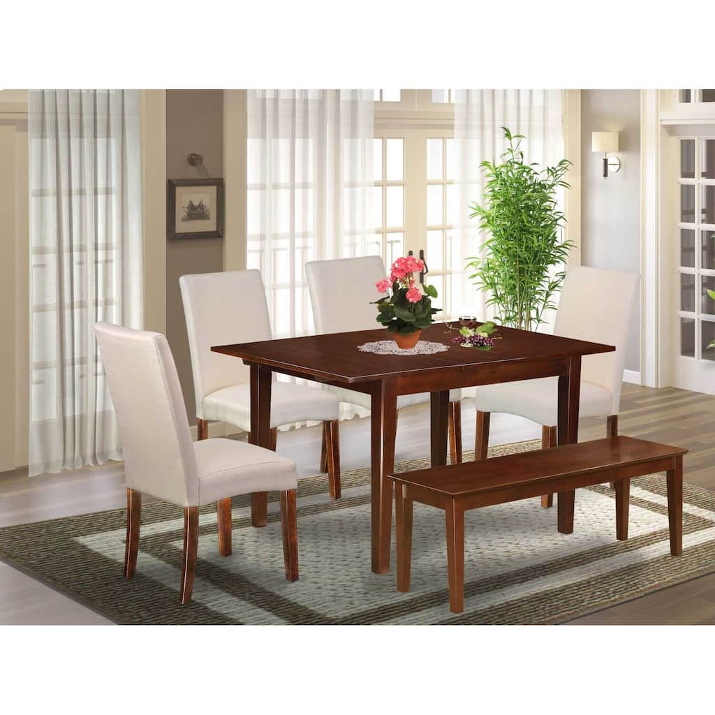 HomeStock 6-Piece Rectangle Mahogany Finish Solid Wood Top Dining Table with 1 Bench, 4 Chairs with Lattice Back