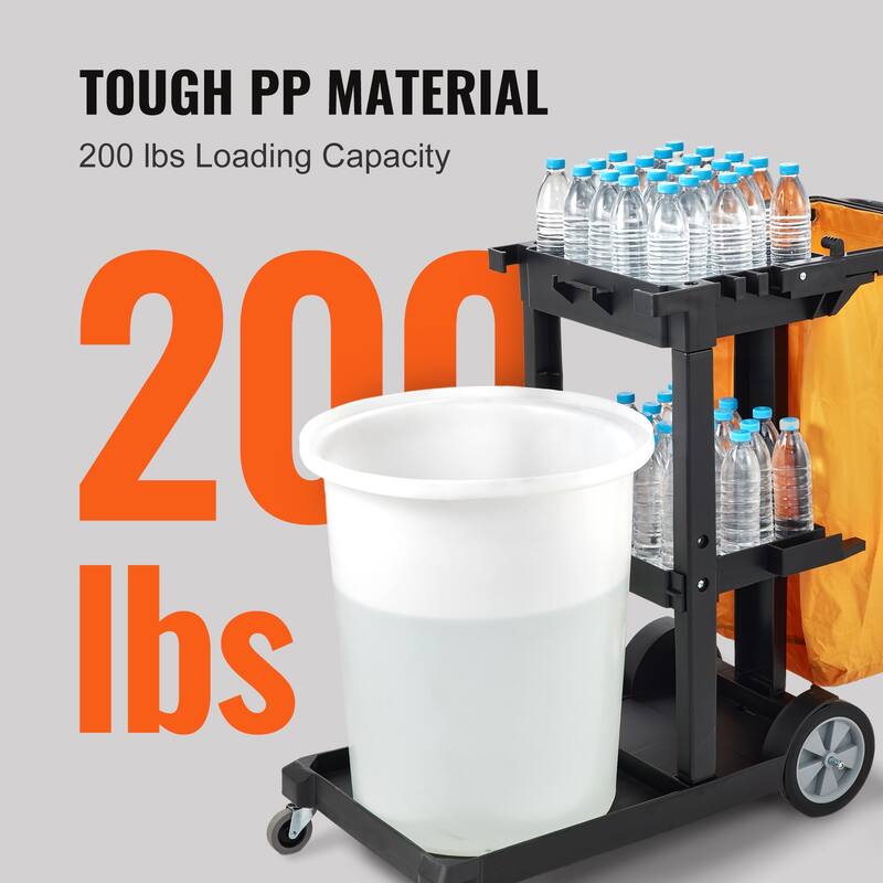 Cleaning Cart, 3-Shelf Commercial Janitorial Cart, 200 lbs Capacity Plastic Housekeeping Cart, with 25 Gallon PVC Bag