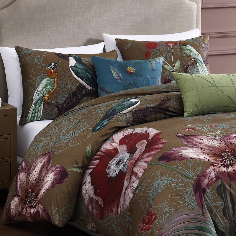 Bebejan Birds on Chocolate Brown 100% Cotton Sateen 5 Piece Reversible Comforter Set