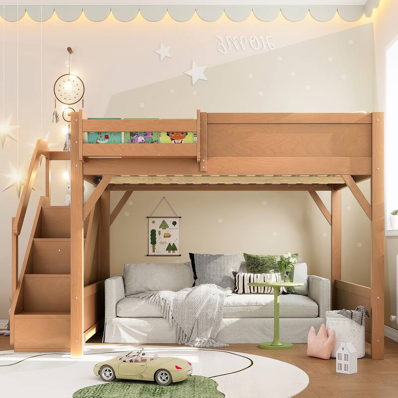 Full/Twin Loft Bed with Built-in Wardrobe, Storage & Stairs - Solid Wood, Full-Length Guardrails, No Box Spring