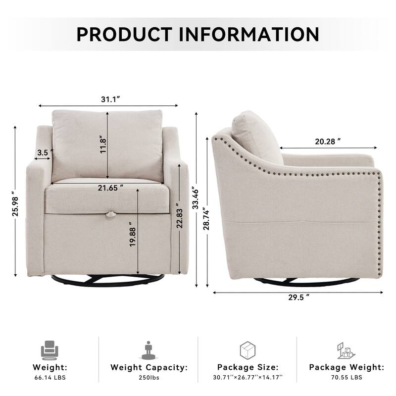 360° Swivel Accent Chair with 1 Back Pillow, Teddy Upholstered Reading Chair with Rivet Trim, Single Sofa Chair for Living Room