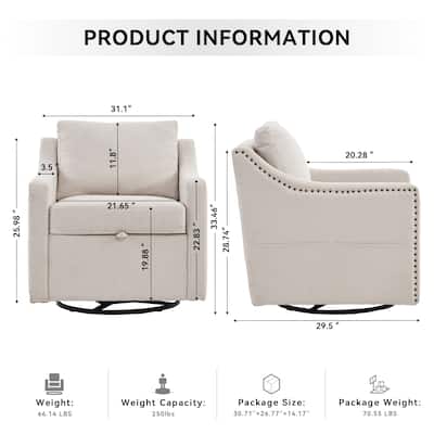 Linen Upholstered Swivel Accent Chair, Ergonomic Single Sofa Chair, Lounge Reading Chair with Nailhead Decor & Metal Base