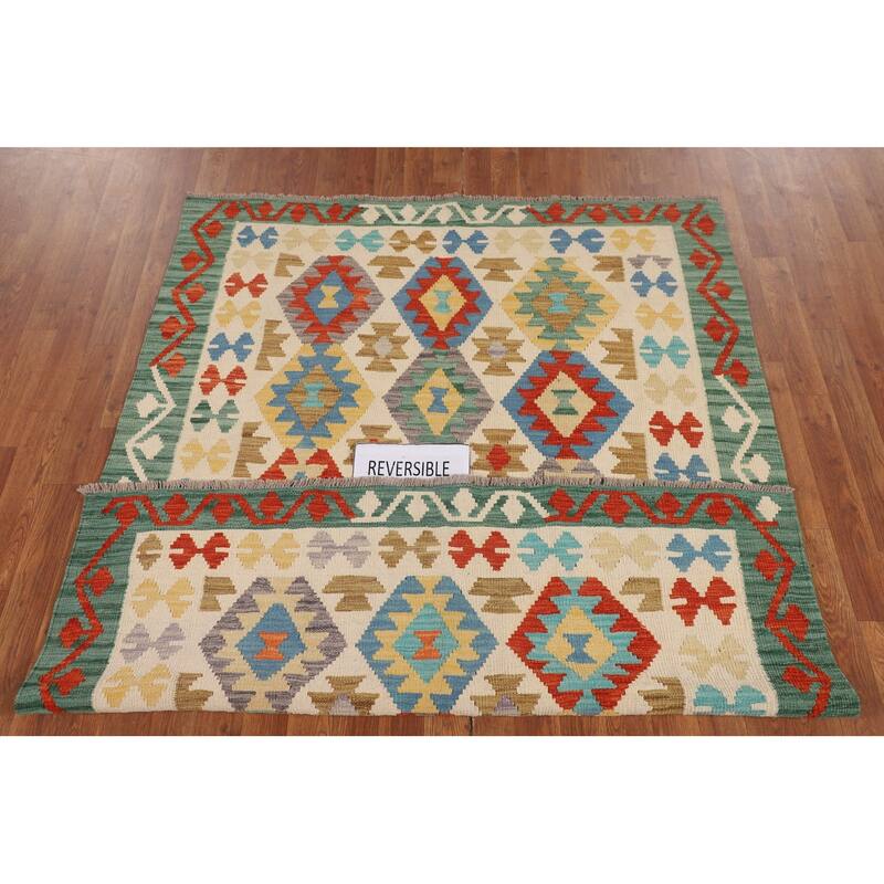 Kilim Reversible Area Rug Hand-Woven Geometric Beige Wool Carpet - 4'10"x 6'5"