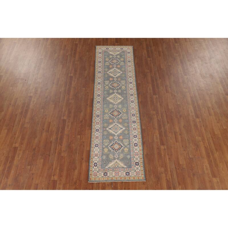 Gray Kazak Runner Rug Hand-Knotted Wool Carpet - 2'7" x 9'7"