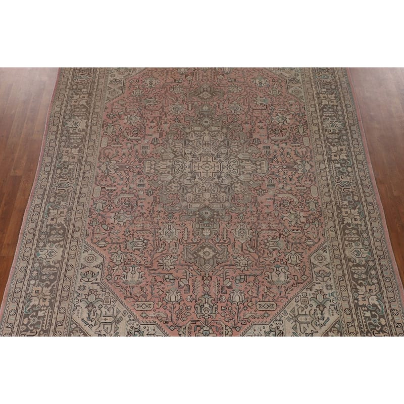 Geometric Pink Tabriz Persian Vintage Rug Hand-Knotted Wool Carpet - 7'11" x 11'2"