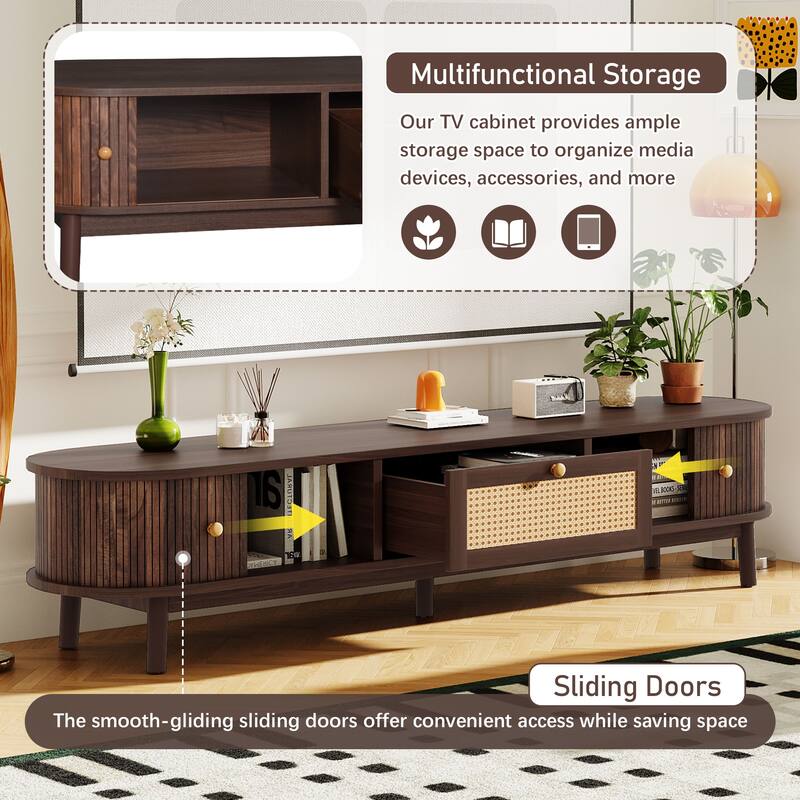 66.9" Rattan Media Console with Spacious Sliding Doors for 75" TVs