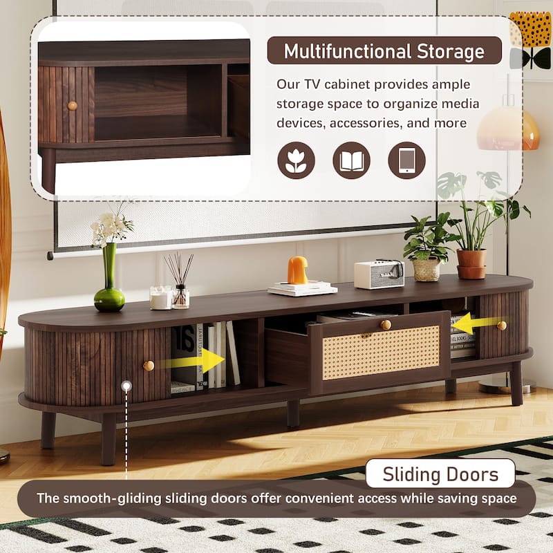 Roomfitters 75" TV Stand with Rattan Drawer, Media Console with 1 Drawer and 2 Sliding Cabinets, Modern Design, Dark Brown