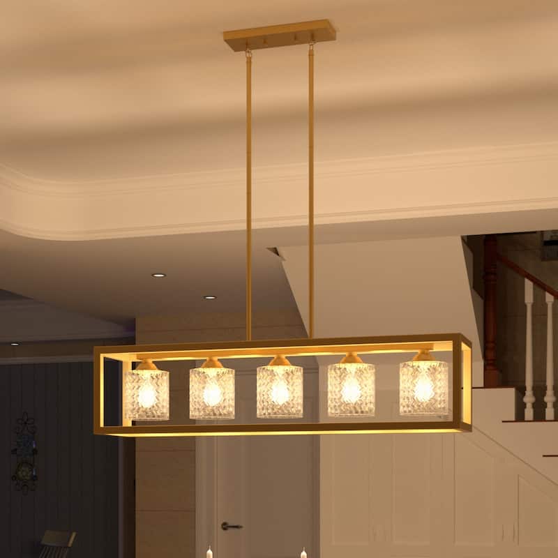 Mid-century Modern 5-light Gold Rectangle Dining Room Chandelier with Crystal Glass - UL - 37 inches