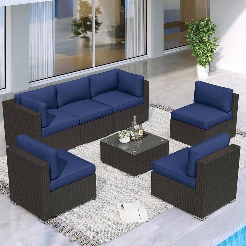 7 Piece Outdoor Patio Furniture Set Grey/Black Wicker Conversation Sectional Sofa Set with Coffee Table and Cushions