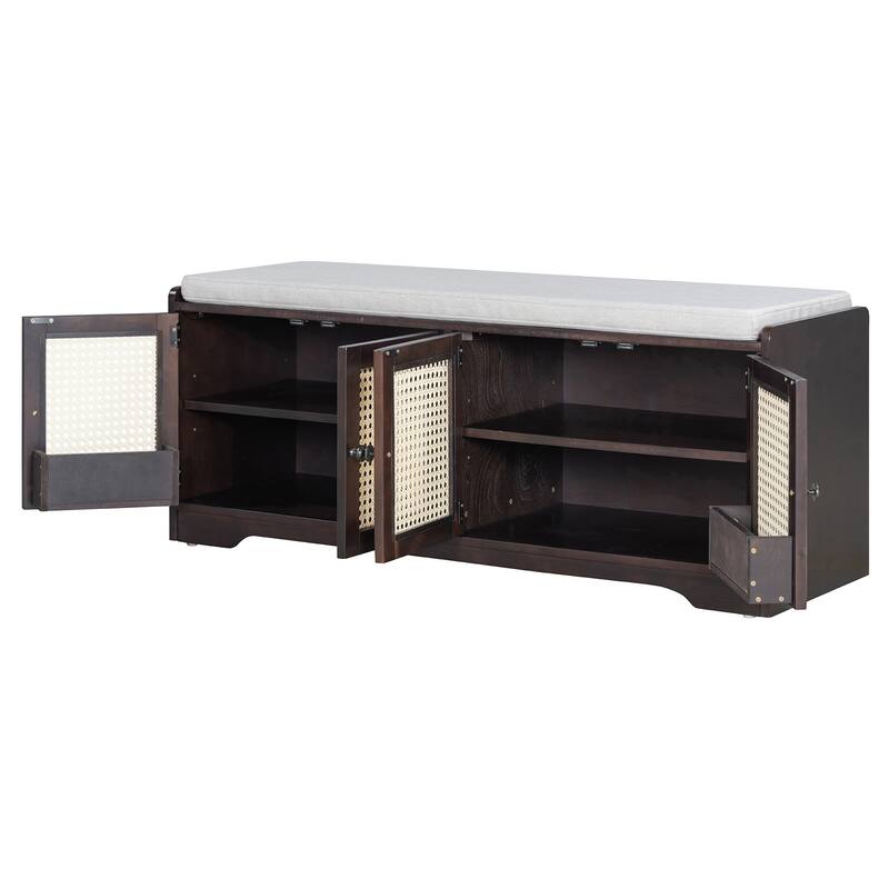 Rustic Storage Bench Multifunctional Wood Entryway Shoe Bench with Removable Cushion, Woven Rattan Doors & Adjustable Shelves