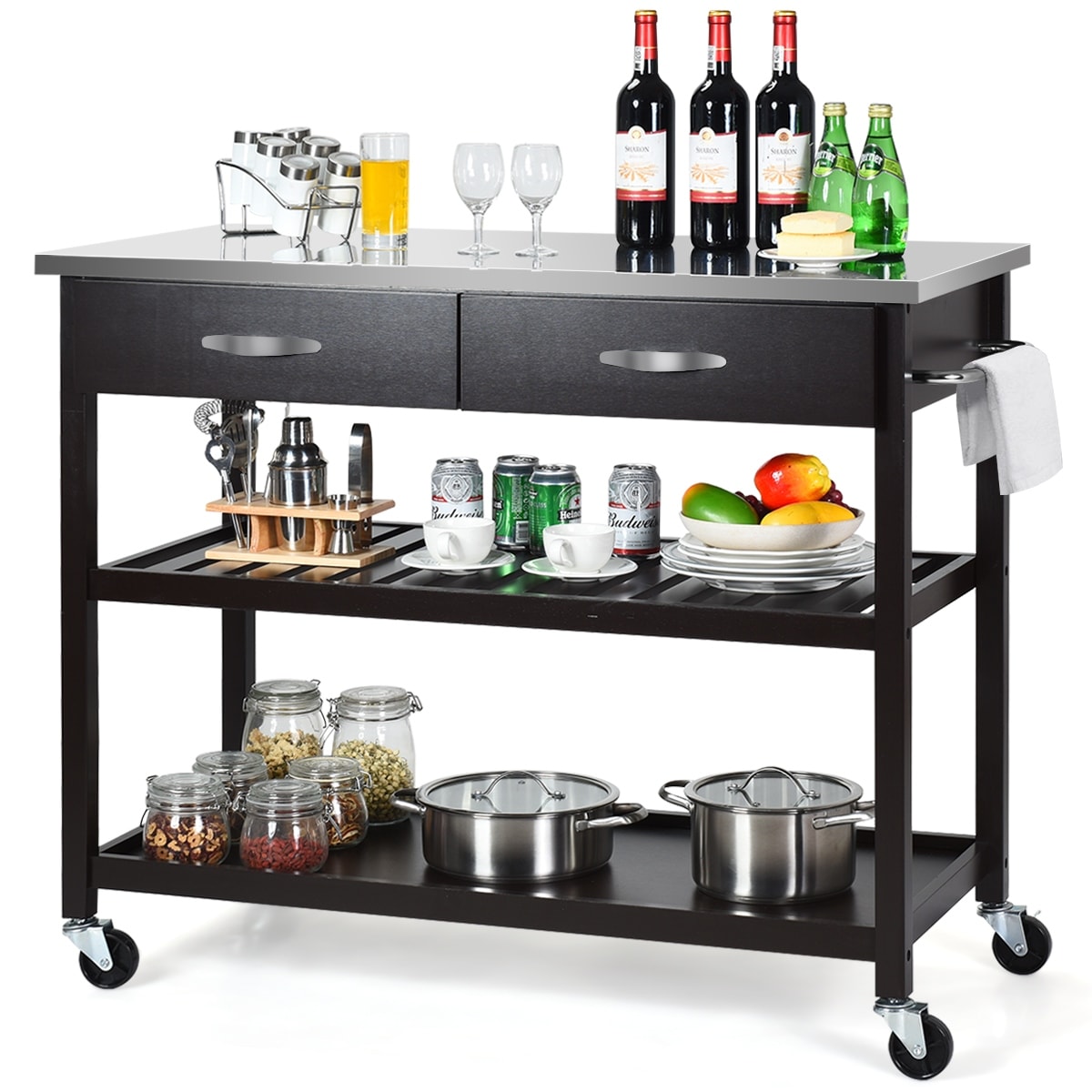Rolling Kitchen Trolley Cart Stainless Steel Tabletop W//Storage Basket /&Drawers