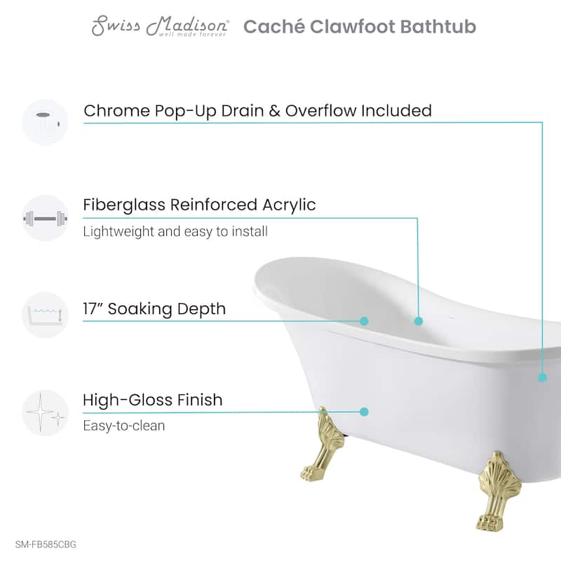 Caché Single Slipper, Clawfoot Soaking Acrylic Bathtub