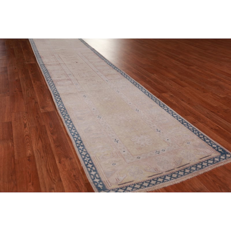 Hand Knotted Oriental 100% Wool Carpet Transitional Geometric Peach Oushak Runner Rug - 13' 8'' X 2' 4''