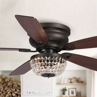 48" Bronze Wooden 5-Blade Crystal Flush Mount Ceiling Fan with Remote